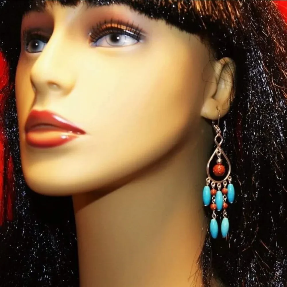 Handmade Silver Sky Blue Chalk Turquoise & Goldstone Chandelier Dangle Earrings